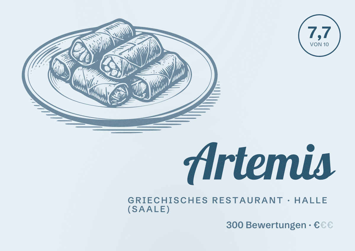 Illustriertes Poster von Artemis, Griechisches Restaurant in Halle (Saale): Bewertung 7,7 von 10 aus 300 Bewertungen, Preisniveau €