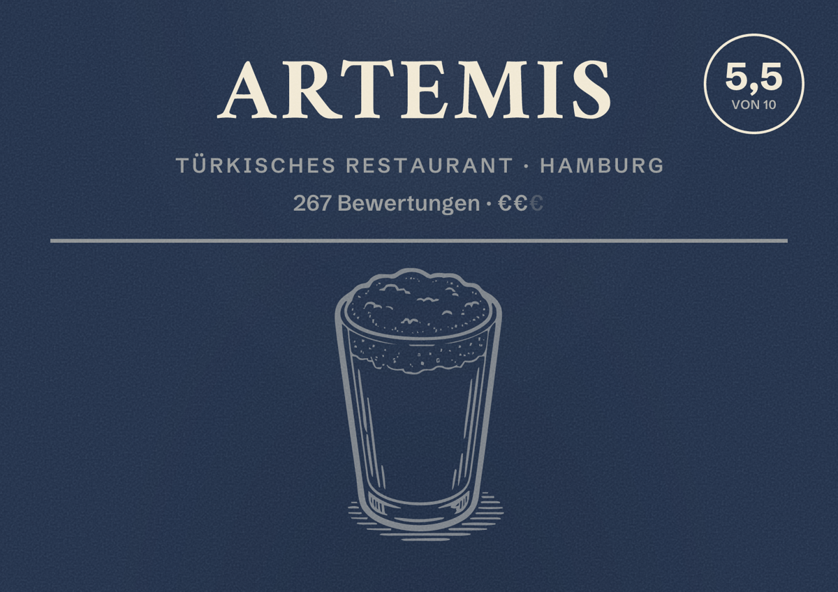 Illustriertes Poster von Artemis, Türkisches Restaurant in Hamburg: Bewertung 5,5 von 10 aus 267 Bewertungen, Preisniveau €€