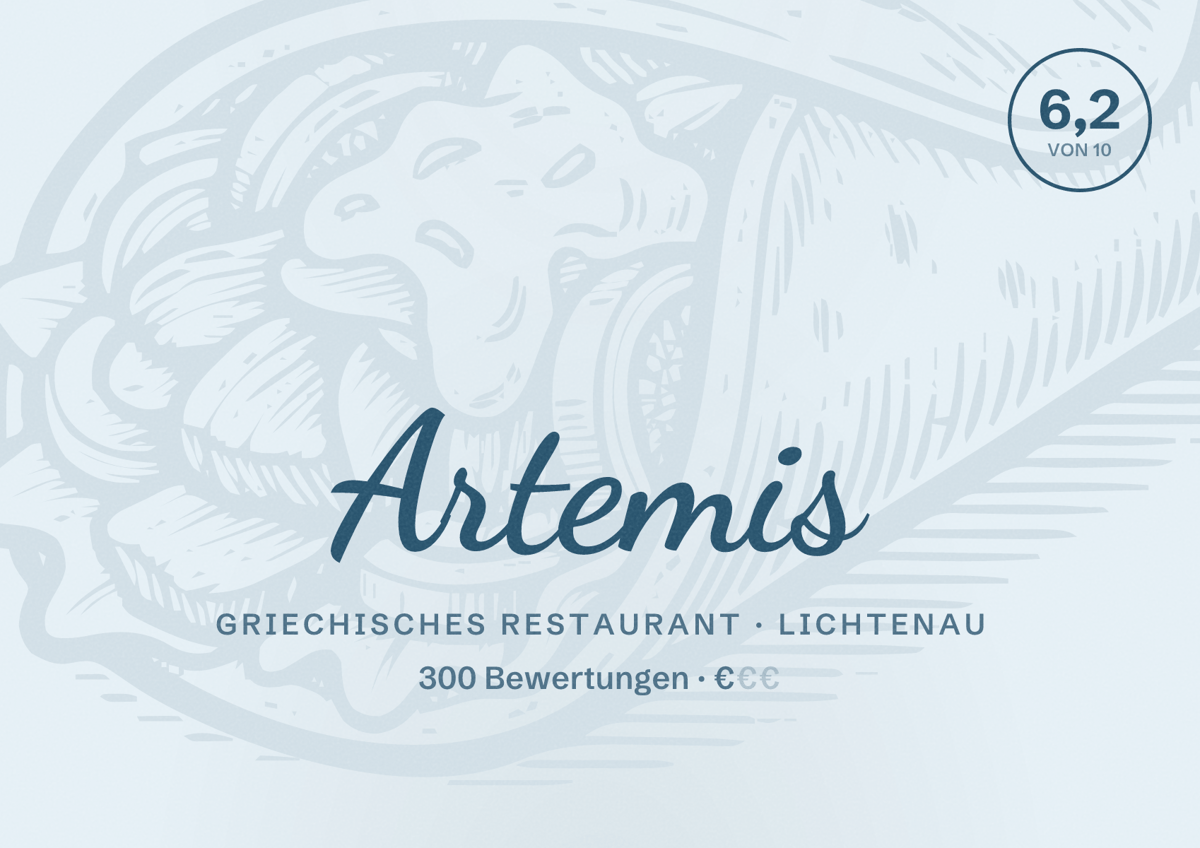 Illustriertes Poster von Artemis, Griechisches Restaurant in Lichtenau: Bewertung 6,2 von 10 aus 300 Bewertungen, Preisniveau €