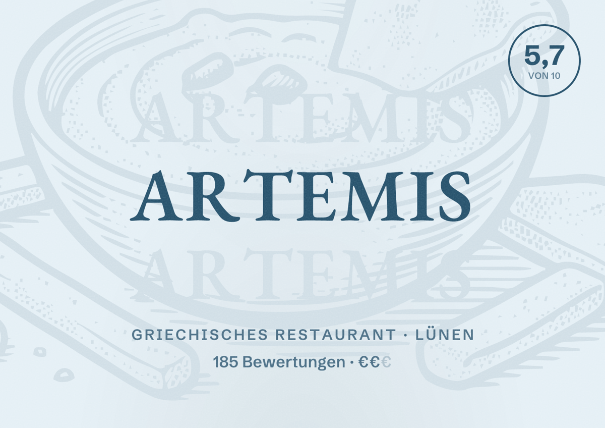 Illustriertes Poster von Artemis, Griechisches Restaurant in Lünen: Bewertung 5,7 von 10 aus 185 Bewertungen, Preisniveau €€