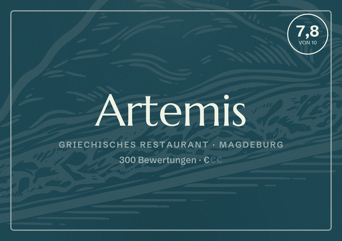 Illustriertes Poster von Artemis, Griechisches Restaurant in Magdeburg: Bewertung 7,8 von 10 aus 300 Bewertungen, Preisniveau €
