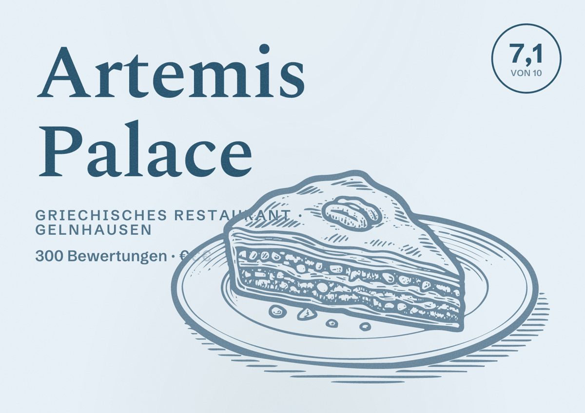 Illustriertes Poster von Artemis Palace, Griechisches Restaurant in Gelnhausen: Bewertung 7,1 von 10 aus 300 Bewertungen, Preisniveau €