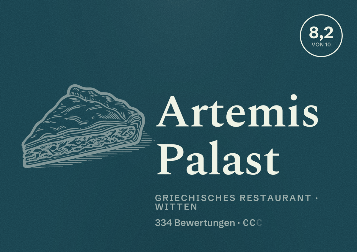 Illustriertes Poster von Artemis Palast, Griechisches Restaurant in Witten: Bewertung 8,2 von 10 aus 334 Bewertungen, Preisniveau €€
