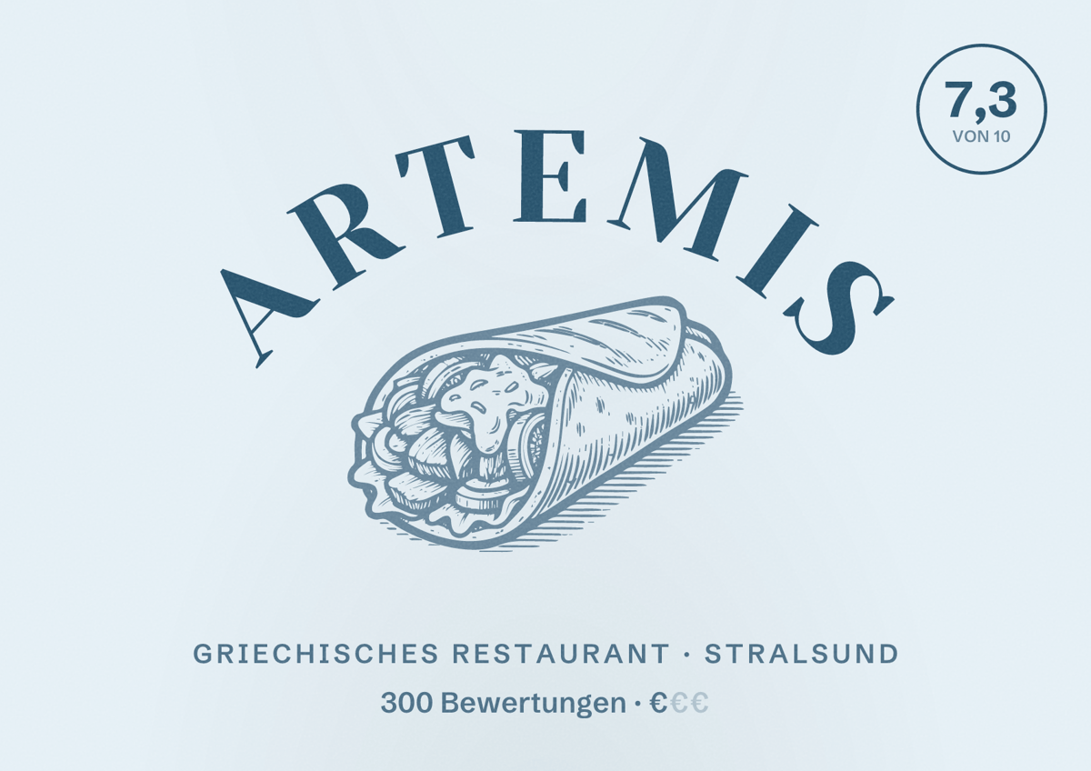 Illustriertes Poster von Artemis, Griechisches Restaurant in Stralsund: Bewertung 7,3 von 10 aus 300 Bewertungen, Preisniveau €