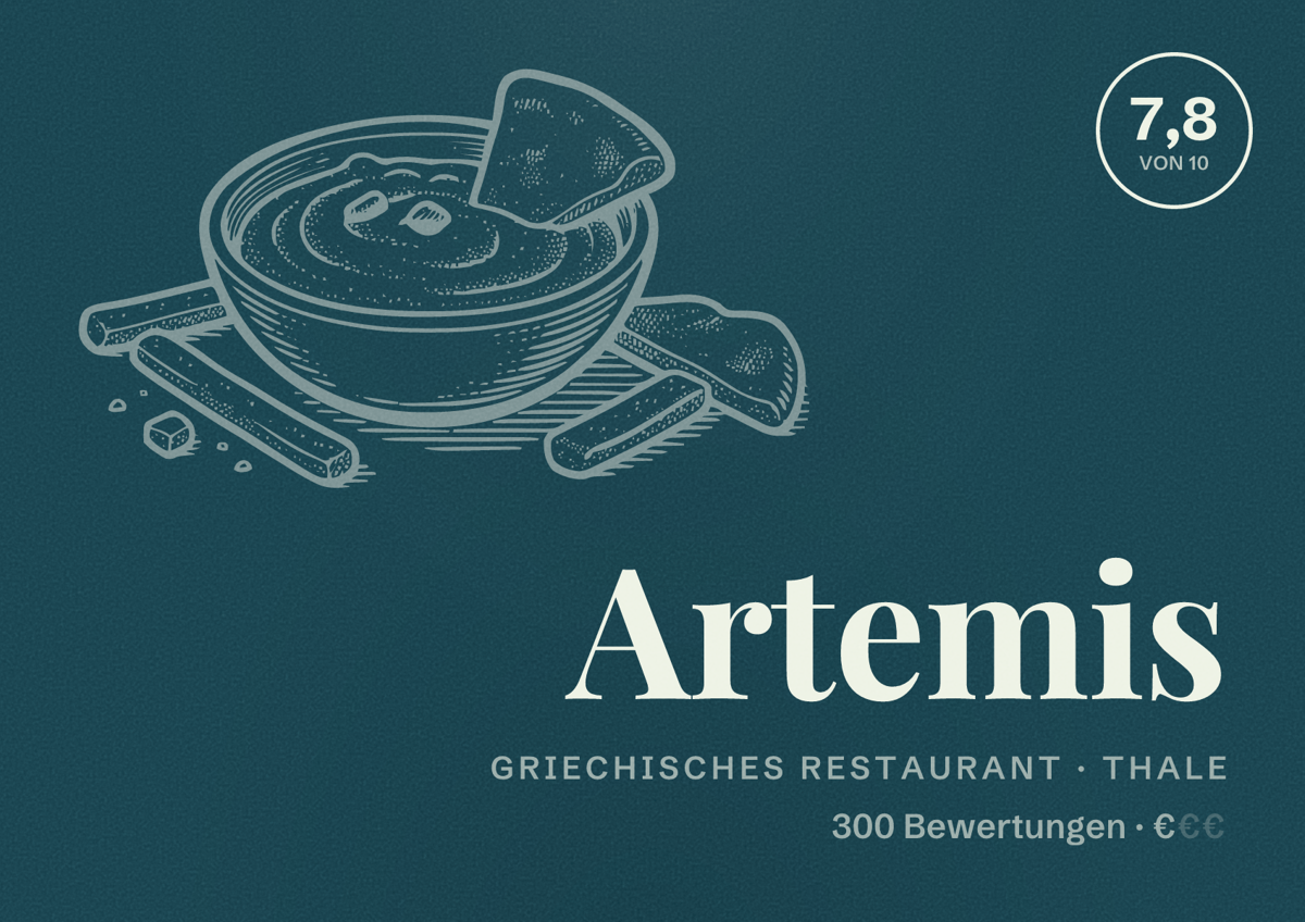Illustriertes Poster von Artemis, Griechisches Restaurant in Thale: Bewertung 7,8 von 10 aus 300 Bewertungen, Preisniveau €