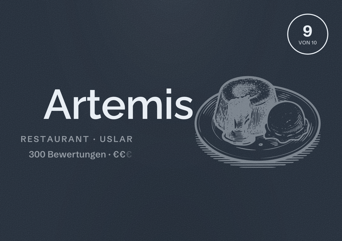 Illustriertes Poster von Artemis, Restaurant in Uslar: Bewertung 9 von 10 aus 300 Bewertungen, Preisniveau €€
