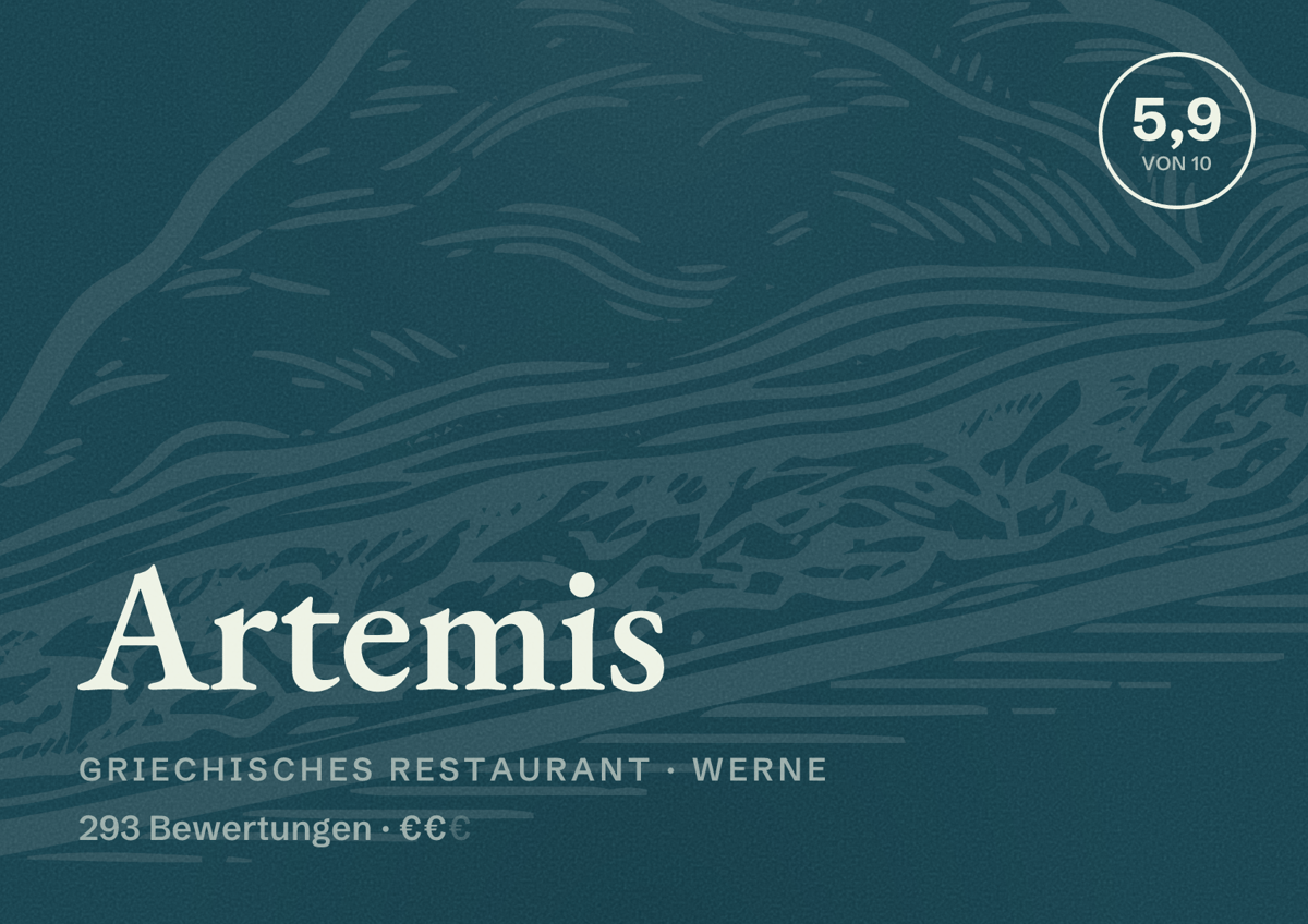 Illustriertes Poster von Artemis, Griechisches Restaurant in Werne: Bewertung 5,9 von 10 aus 293 Bewertungen, Preisniveau €€