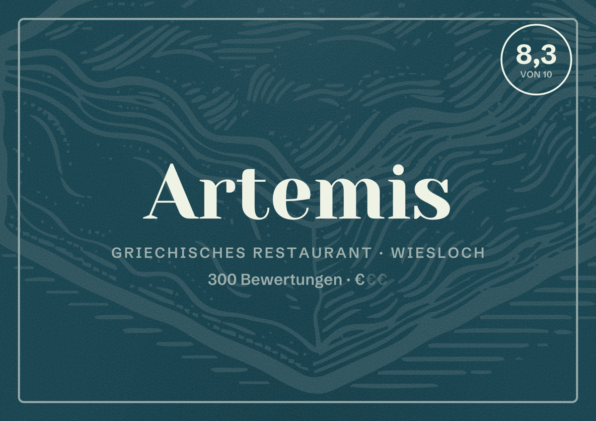 Illustriertes Poster von Artemis, Griechisches Restaurant in Wiesloch: Bewertung 8,3 von 10 aus 300 Bewertungen, Preisniveau €