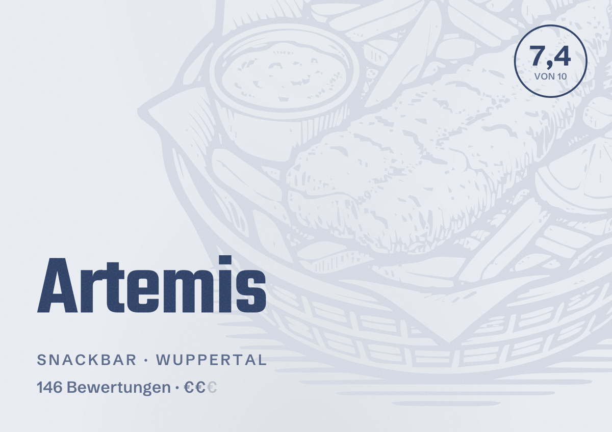 Illustriertes Poster von Artemis, Snackbar in Wuppertal: Bewertung 7,4 von 10 aus 146 Bewertungen, Preisniveau €€