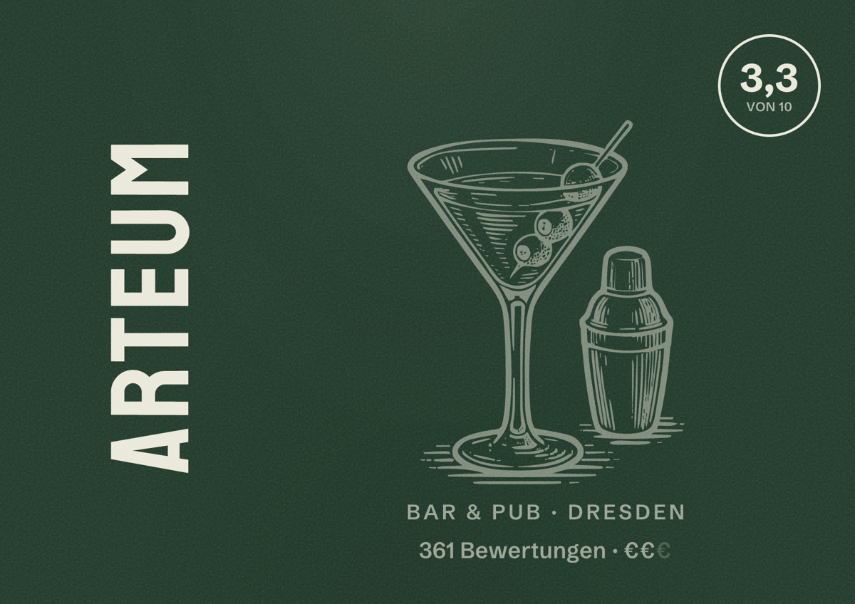 Illustriertes Poster von Arteum, Bar & Pub in Dresden: Bewertung 3,3 von 10 aus 361 Bewertungen, Preisniveau €€