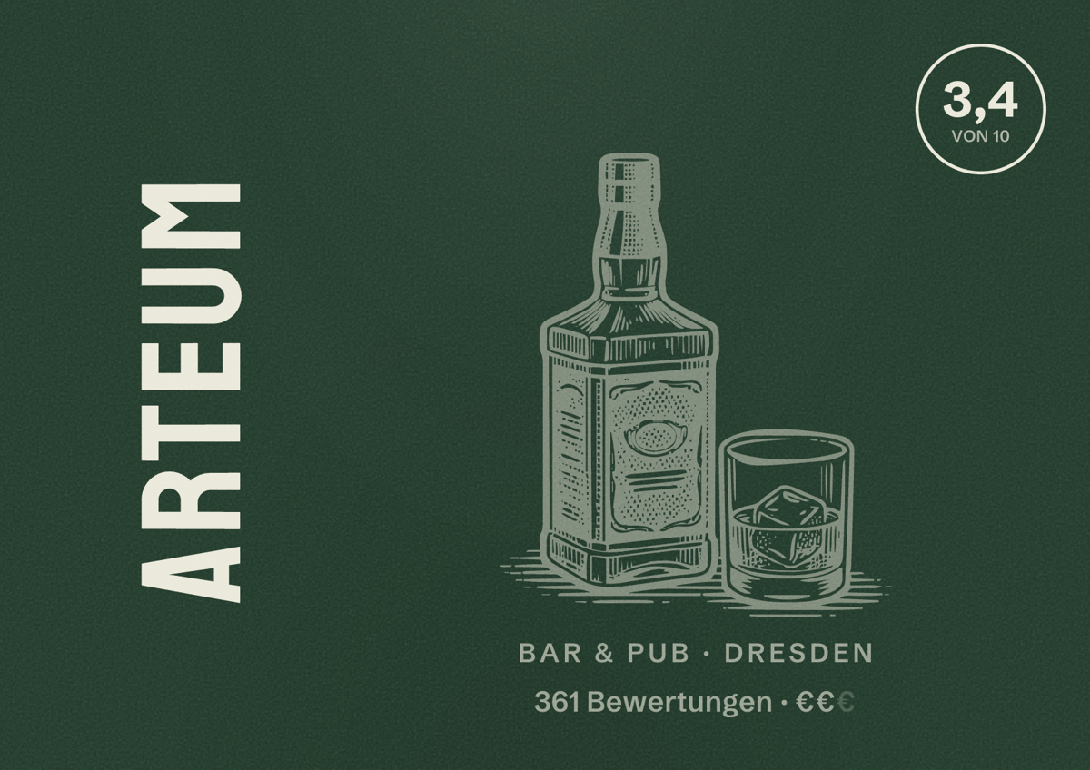 Illustriertes Poster von Arteum, Bar & Pub in Dresden: Bewertung 3,4 von 10 aus 361 Bewertungen, Preisniveau €€