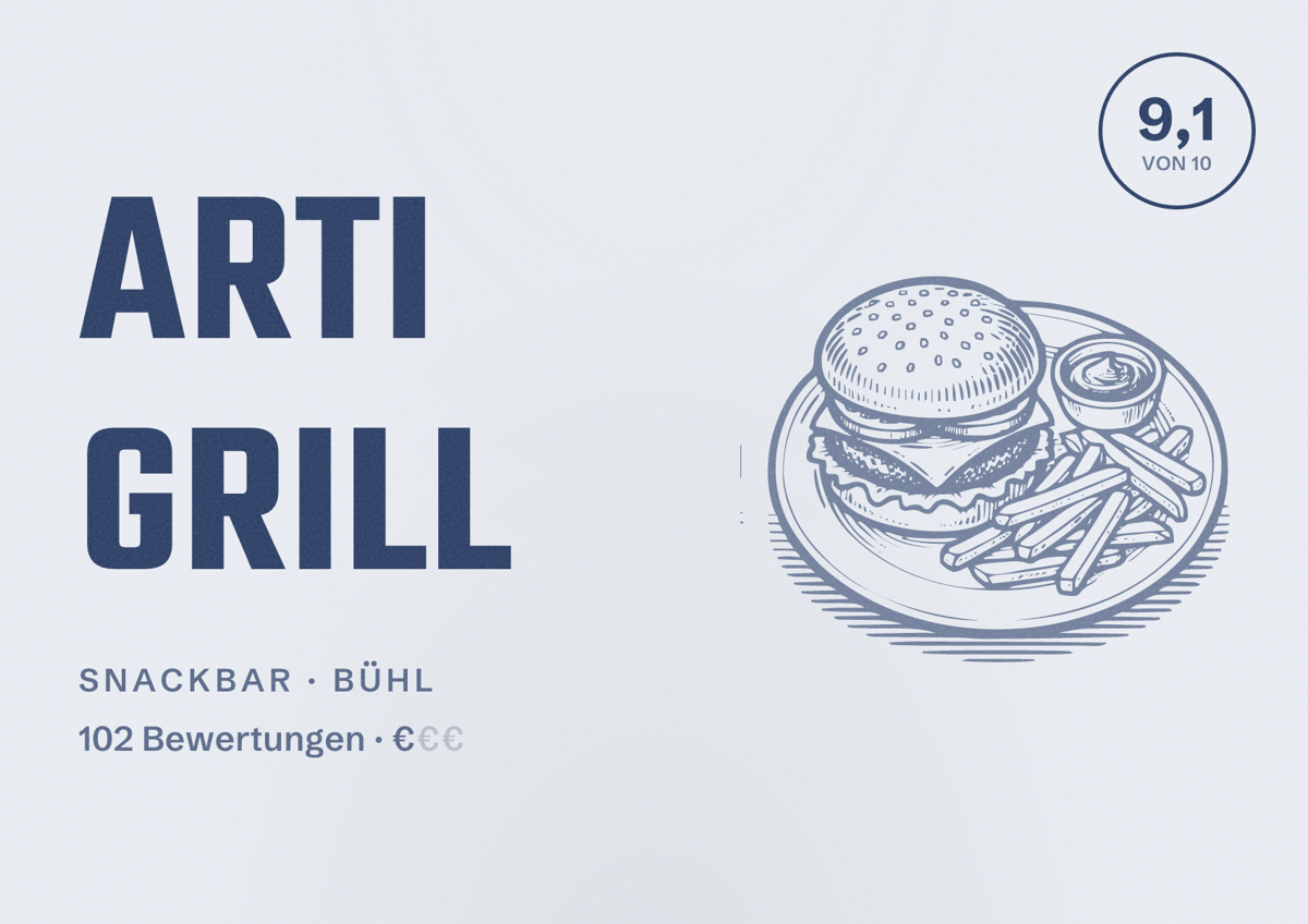 Illustriertes Poster von Arti Grill, Snackbar in Bühl: Bewertung 9,1 von 10 aus 102 Bewertungen, Preisniveau €