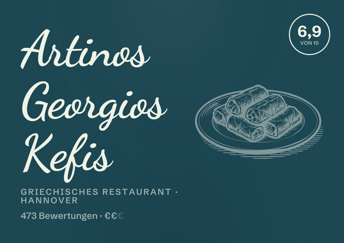 Illustriertes Poster von Artinos Georgios Kefis, Griechisches Restaurant in Hannover: Bewertung 6,9 von 10 aus 473 Bewertungen, Preisniveau €€