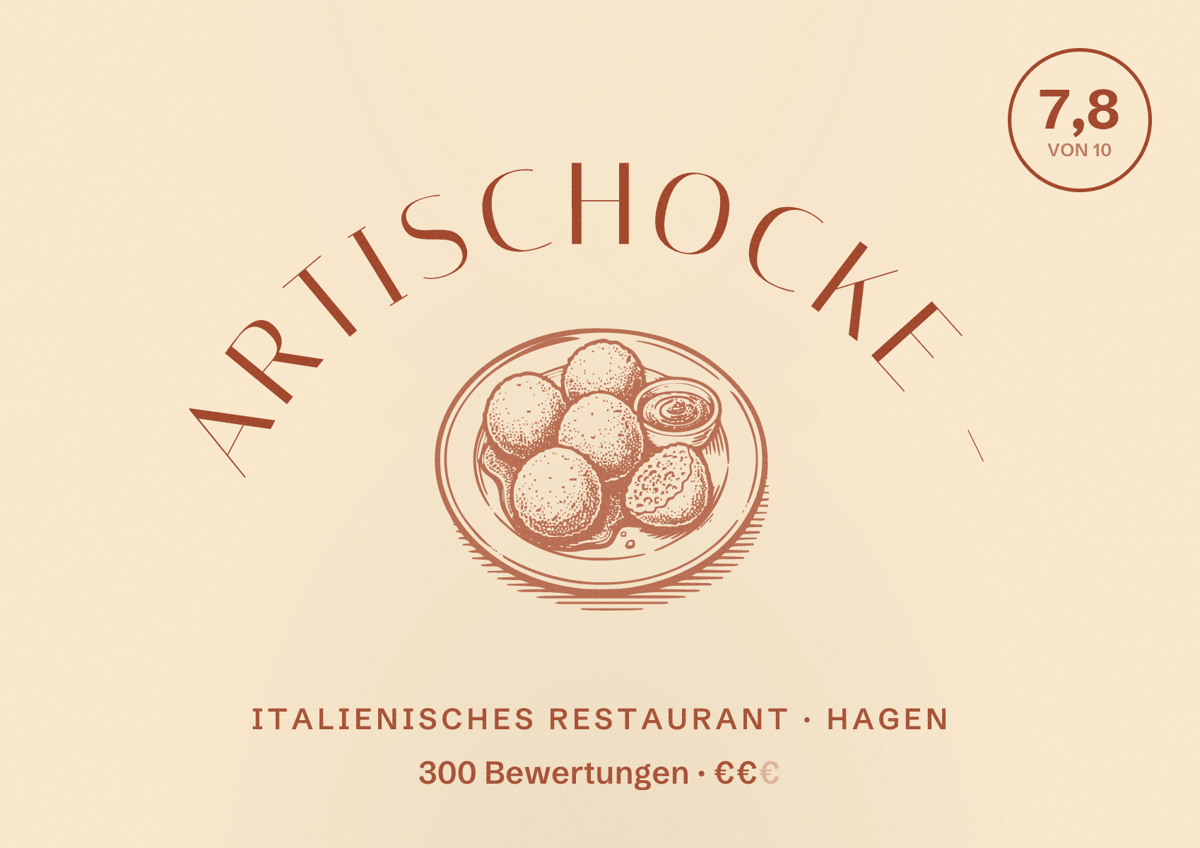 Illustriertes Poster von Artischocke -, Italienisches Restaurant in Hagen: Bewertung 7,8 von 10 aus 300 Bewertungen, Preisniveau €€