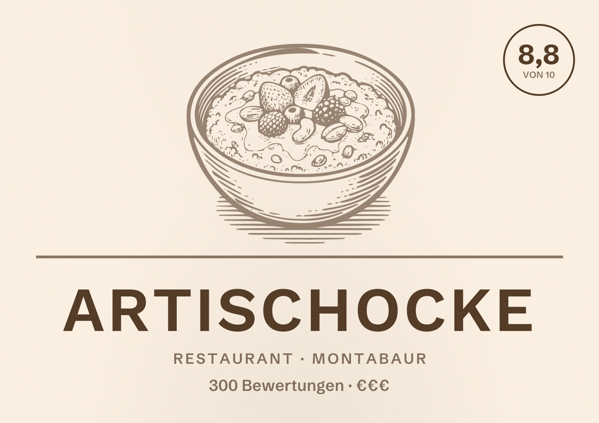 Illustriertes Poster von Artischocke, Restaurant in Montabaur: Bewertung 8,8 von 10 aus 300 Bewertungen, Preisniveau €€€