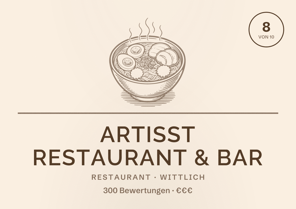 Illustriertes Poster von Artisst Restaurant & Bar, Restaurant in Wittlich: Bewertung 8 von 10 aus 300 Bewertungen, Preisniveau €€€