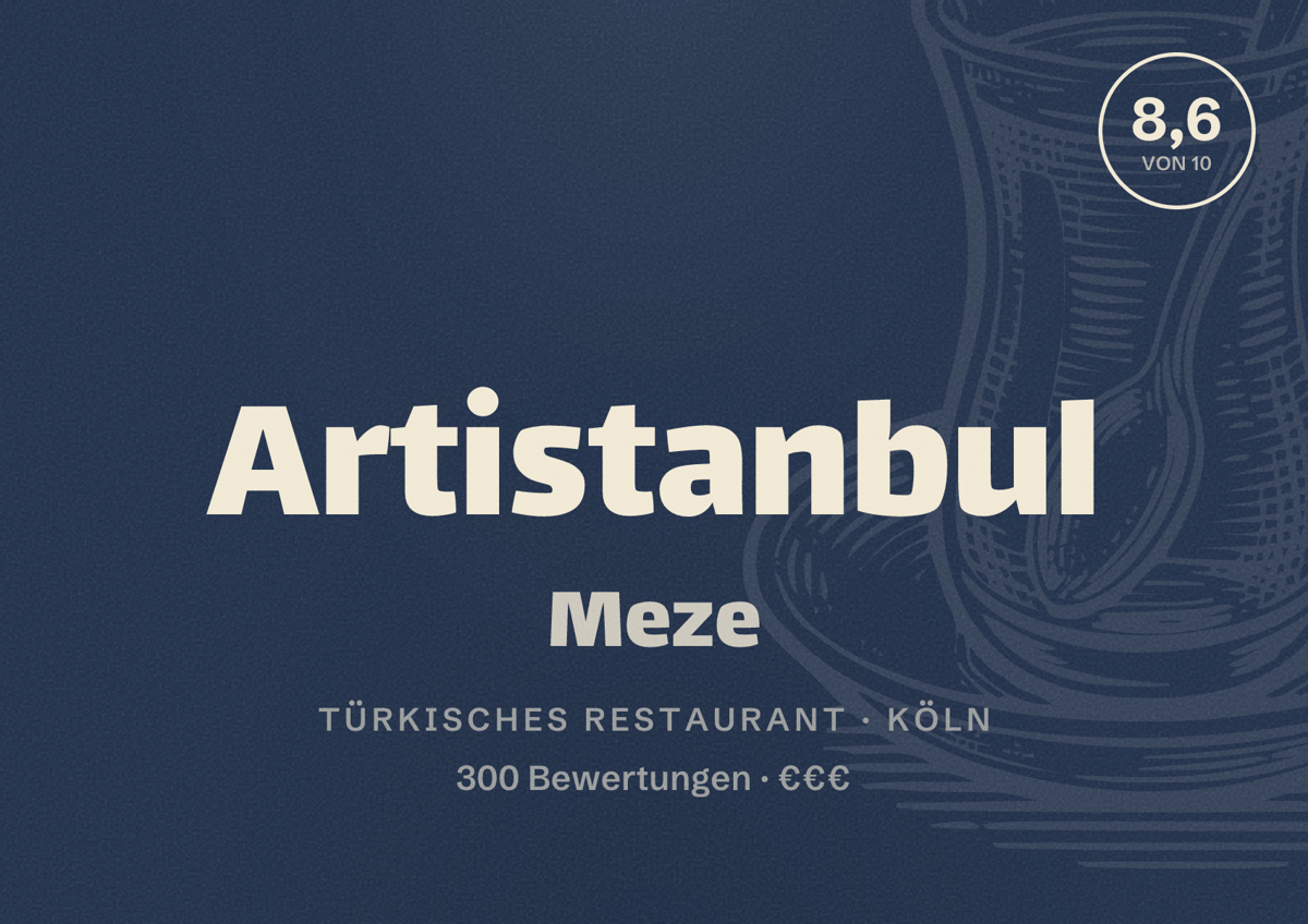 Illustriertes Poster von Artistanbul Meze, Türkisches Restaurant in Köln: Bewertung 8,6 von 10 aus 300 Bewertungen, Preisniveau €€€