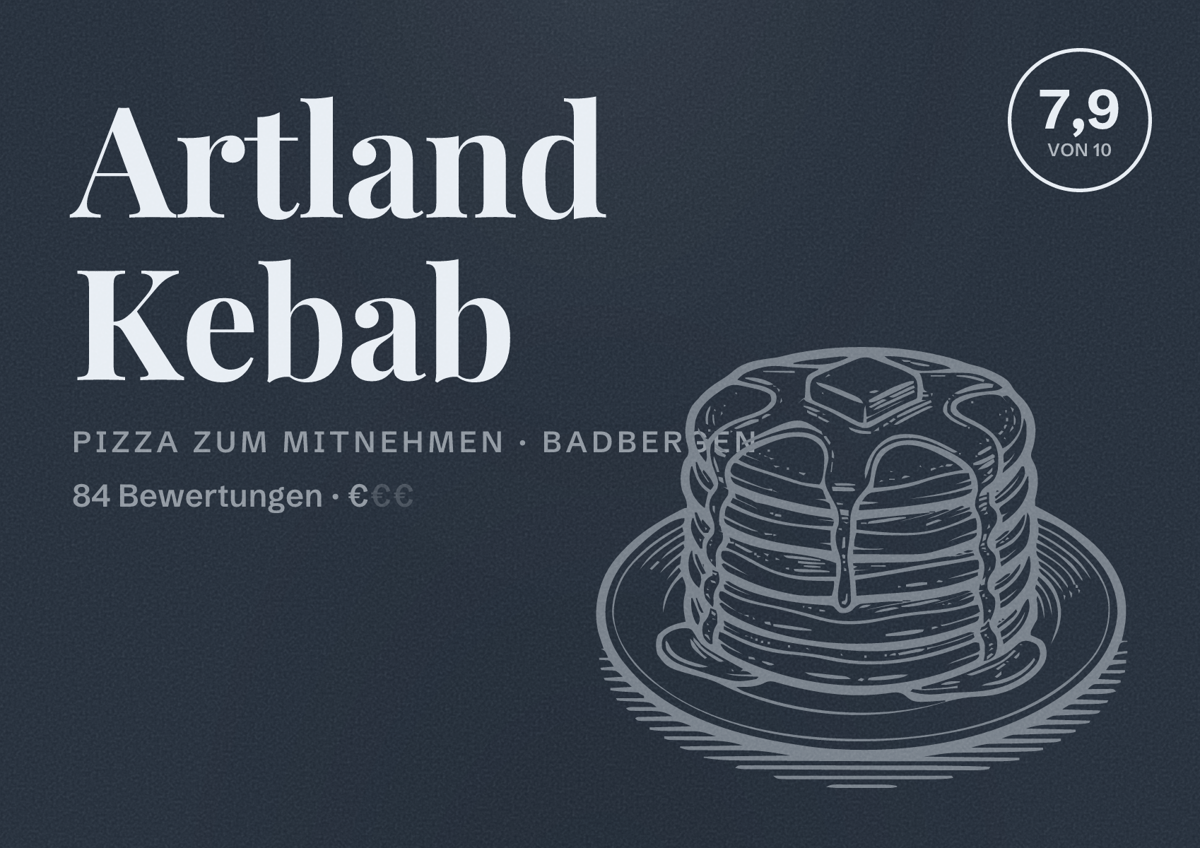 Illustriertes Poster von Artland Kebab, Pizza zum Mitnehmen in Badbergen: Bewertung 7,9 von 10 aus 84 Bewertungen, Preisniveau €
