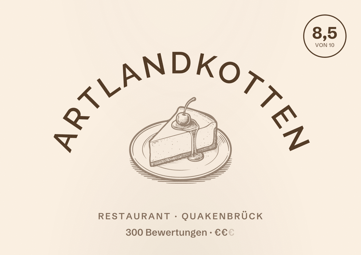 Illustriertes Poster von Artlandkotten, Restaurant in Quakenbrück: Bewertung 8,5 von 10 aus 300 Bewertungen, Preisniveau €€