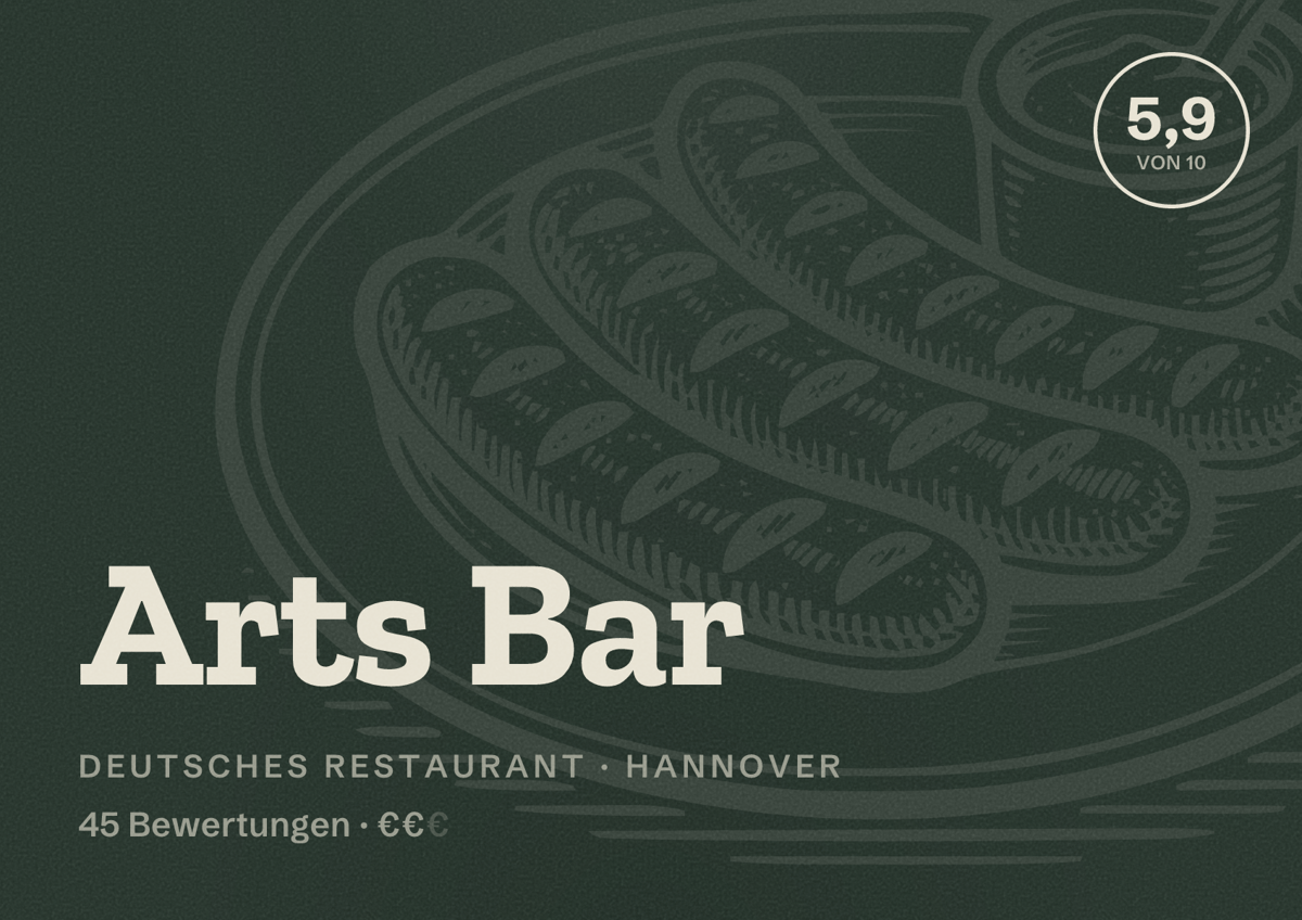 Illustriertes Poster von Arts Bar, Deutsches Restaurant in Hannover: Bewertung 5,9 von 10 aus 45 Bewertungen, Preisniveau €€