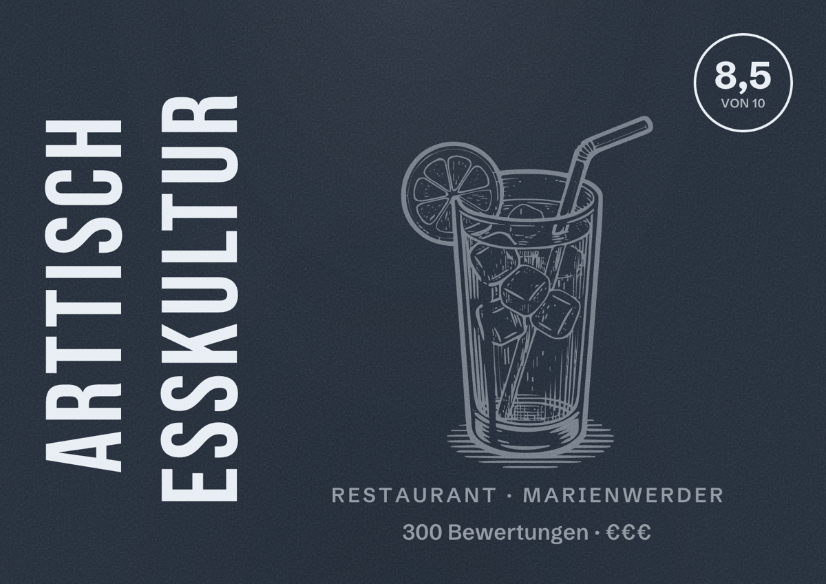 Illustriertes Poster von Arttisch Esskultur, Restaurant in Marienwerder: Bewertung 8,5 von 10 aus 300 Bewertungen, Preisniveau €€€