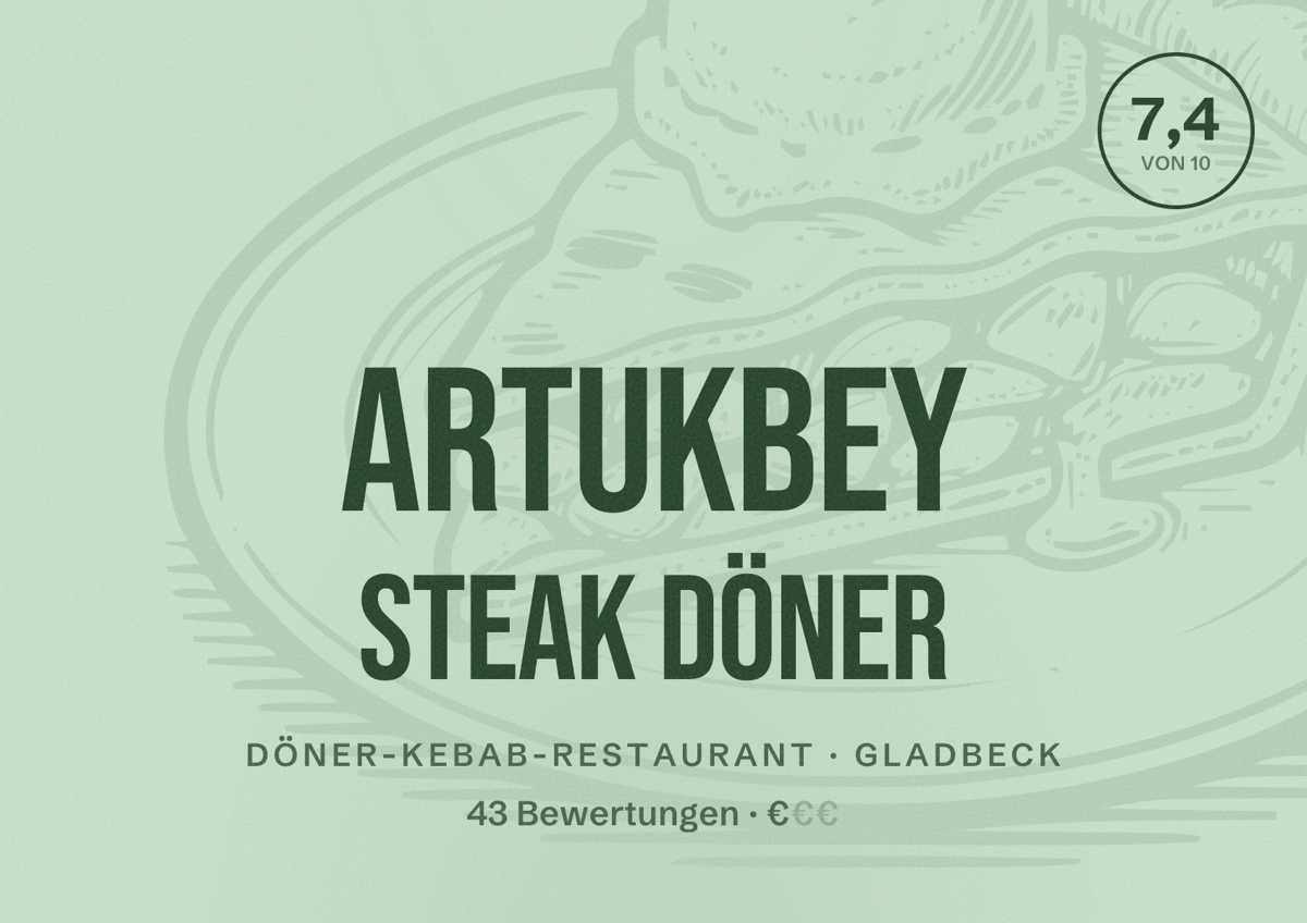 Illustriertes Poster von Artukbey Steak döner, Döner-Kebab-Restaurant in Gladbeck: Bewertung 7,4 von 10 aus 43 Bewertungen, Preisniveau €
