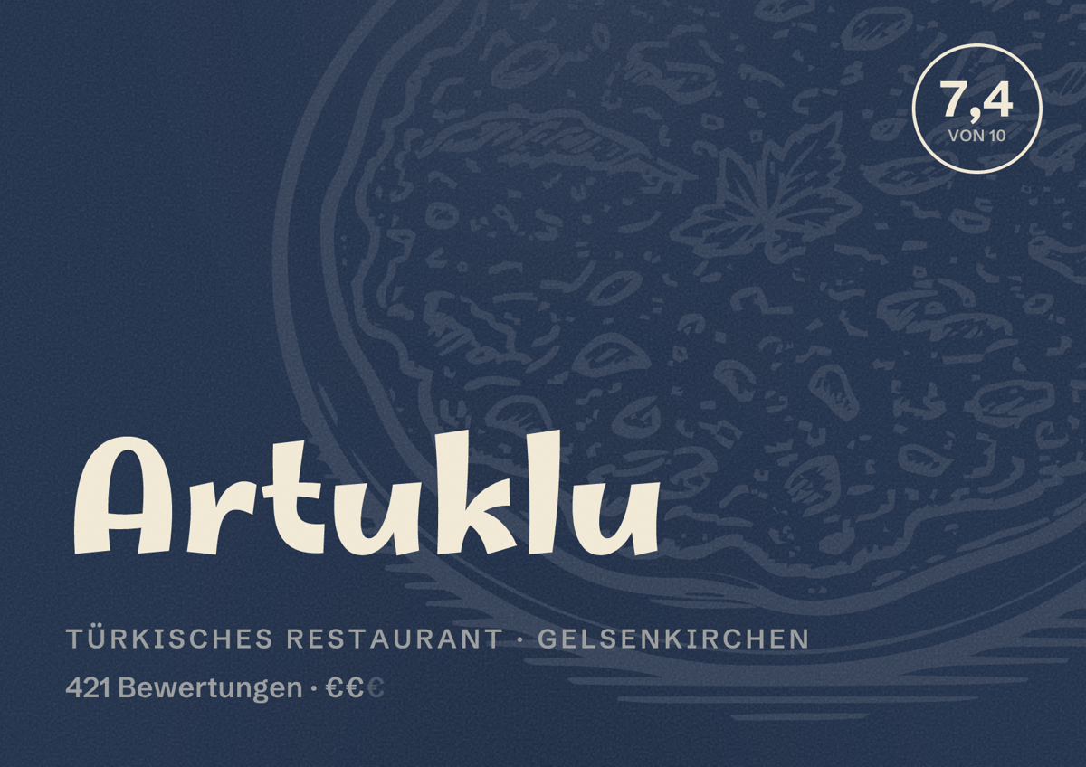 Illustriertes Poster von Artuklu, Türkisches Restaurant in Gelsenkirchen: Bewertung 7,4 von 10 aus 421 Bewertungen, Preisniveau €€