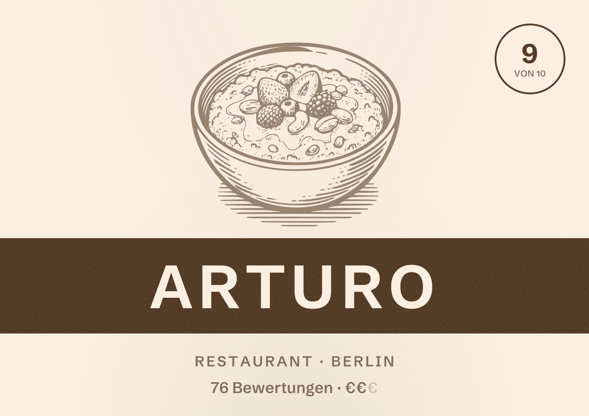 Illustriertes Poster von Arturo, Restaurant in Berlin: Bewertung 9,0 von 10 aus 76 Bewertungen, Preisniveau €€