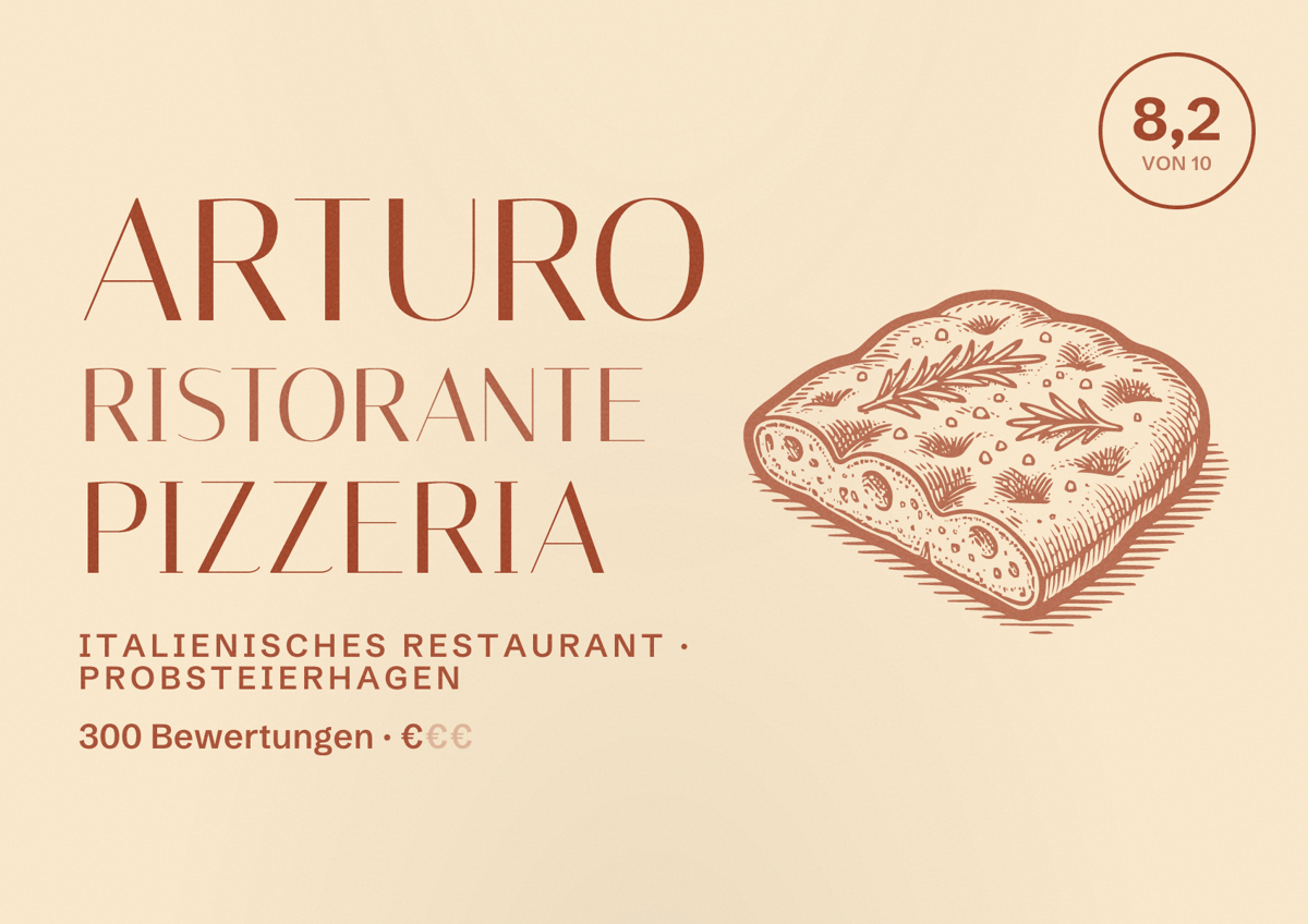 Illustriertes Poster von Arturo Ristorante Pizzeria, Italienisches Restaurant in Probsteierhagen: Bewertung 8,2 von 10 aus 300 Bewertungen, Preisniveau €