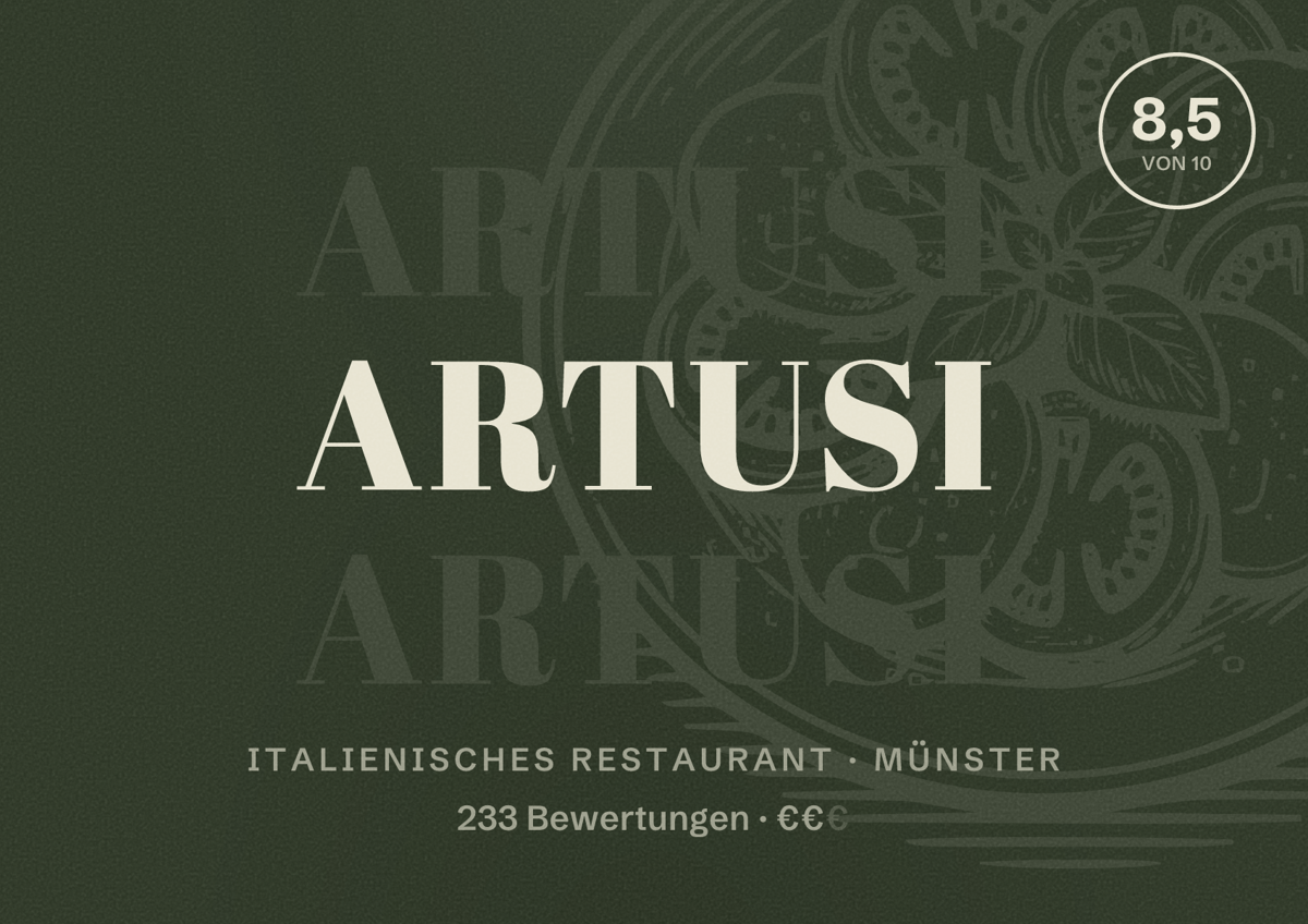 Illustriertes Poster von Artusi, Italienisches Restaurant in Münster: Bewertung 8,5 von 10 aus 233 Bewertungen, Preisniveau €€