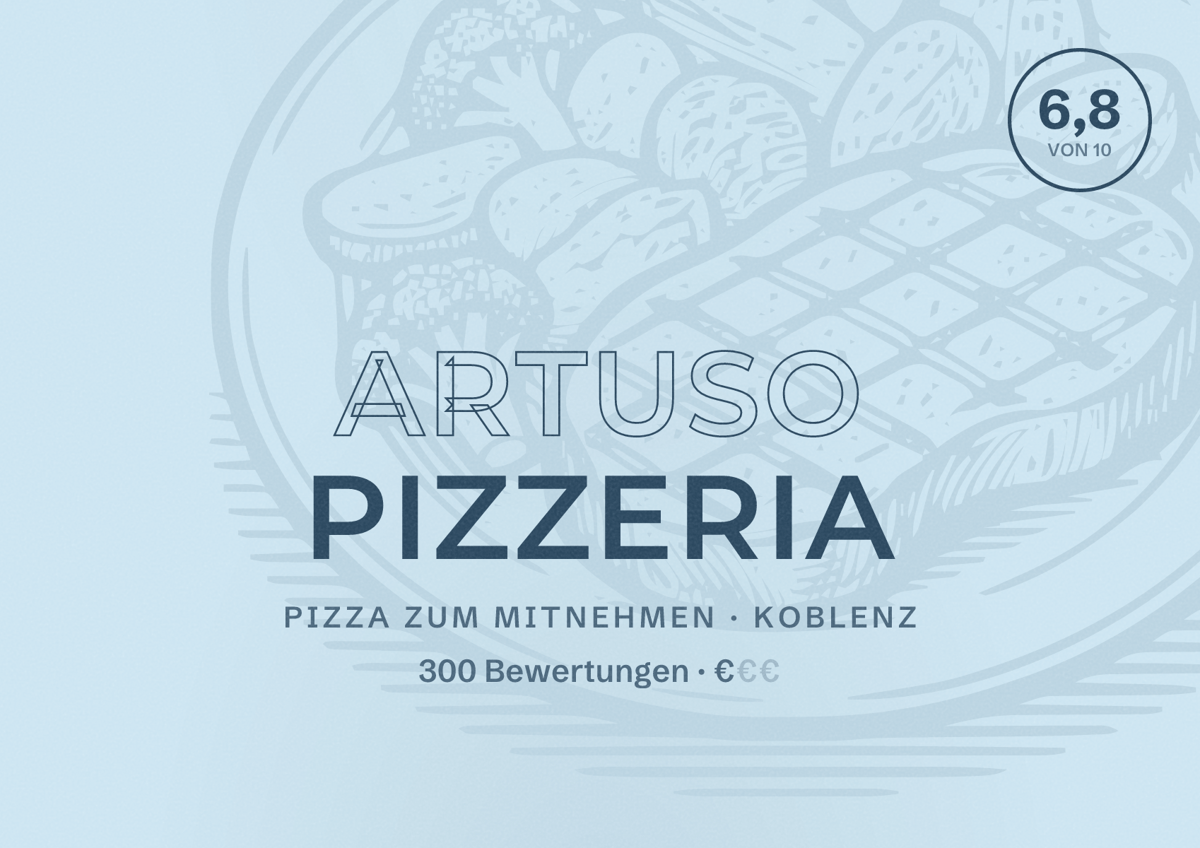Illustriertes Poster von Artuso Pizzeria, Pizza zum Mitnehmen in Koblenz: Bewertung 6,8 von 10 aus 300 Bewertungen, Preisniveau €