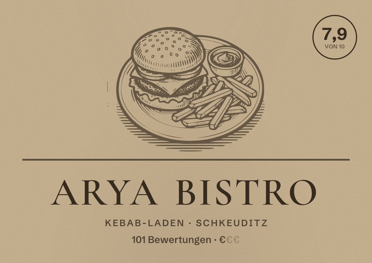 Illustriertes Poster von Arya Bistro, Kebab-Laden in Schkeuditz: Bewertung 7,9 von 10 aus 101 Bewertungen, Preisniveau €