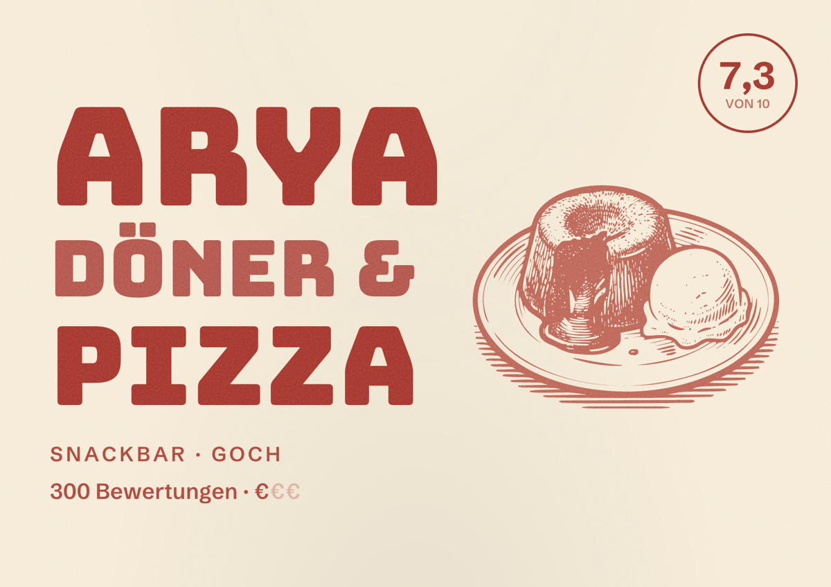 Illustriertes Poster von Arya Döner & Pizza, Snackbar in Goch: Bewertung 7,3 von 10 aus 300 Bewertungen, Preisniveau €