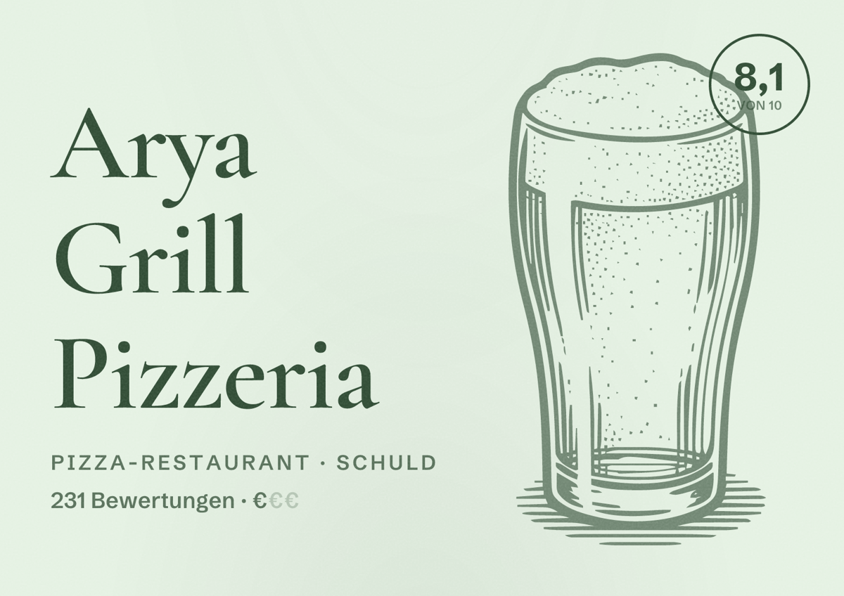 Illustriertes Poster von Arya Grill Pizzeria, Pizza-Restaurant in Schuld: Bewertung 8,1 von 10 aus 231 Bewertungen, Preisniveau €