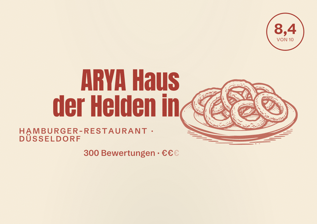 Illustriertes Poster von ARYA Haus der Helden in, Hamburger-Restaurant in Düsseldorf: Bewertung 8,4 von 10 aus 300 Bewertungen, Preisniveau €€