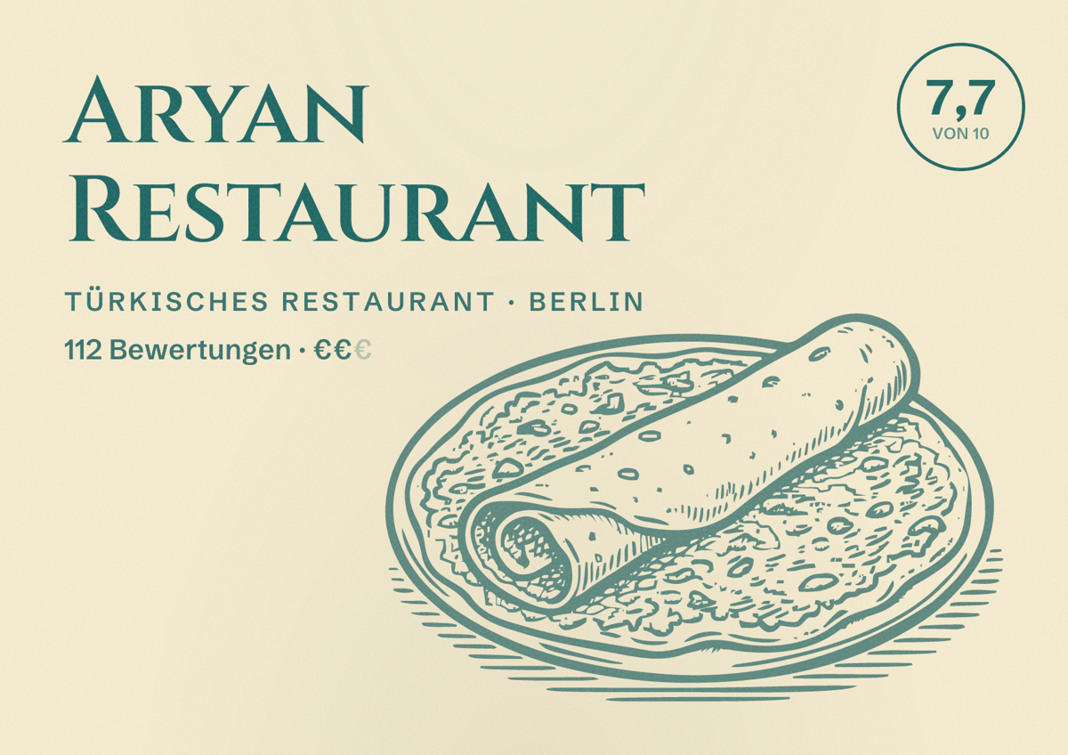 Illustriertes Poster von Aryan Restaurant, Türkisches Restaurant in Berlin: Bewertung 7,7 von 10 aus 112 Bewertungen, Preisniveau €€