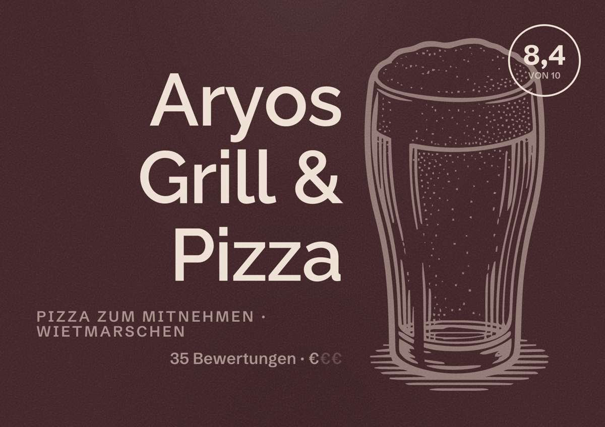 Illustriertes Poster von Aryos Grill & Pizza, Pizza zum Mitnehmen in Wietmarschen: Bewertung 8,4 von 10 aus 35 Bewertungen, Preisniveau €