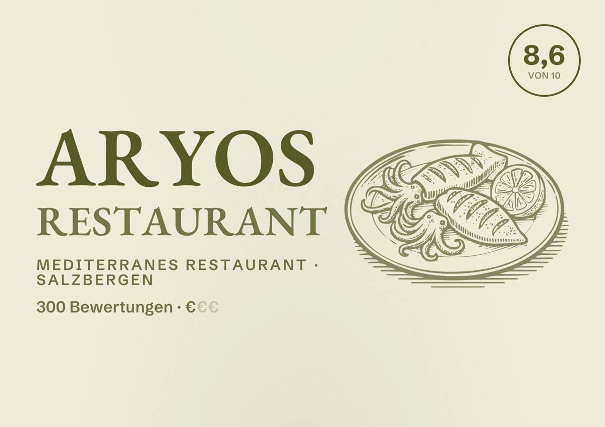 Illustriertes Poster von Aryos Restaurant, Mediterranes Restaurant in Salzbergen: Bewertung 8,6 von 10 aus 300 Bewertungen, Preisniveau €