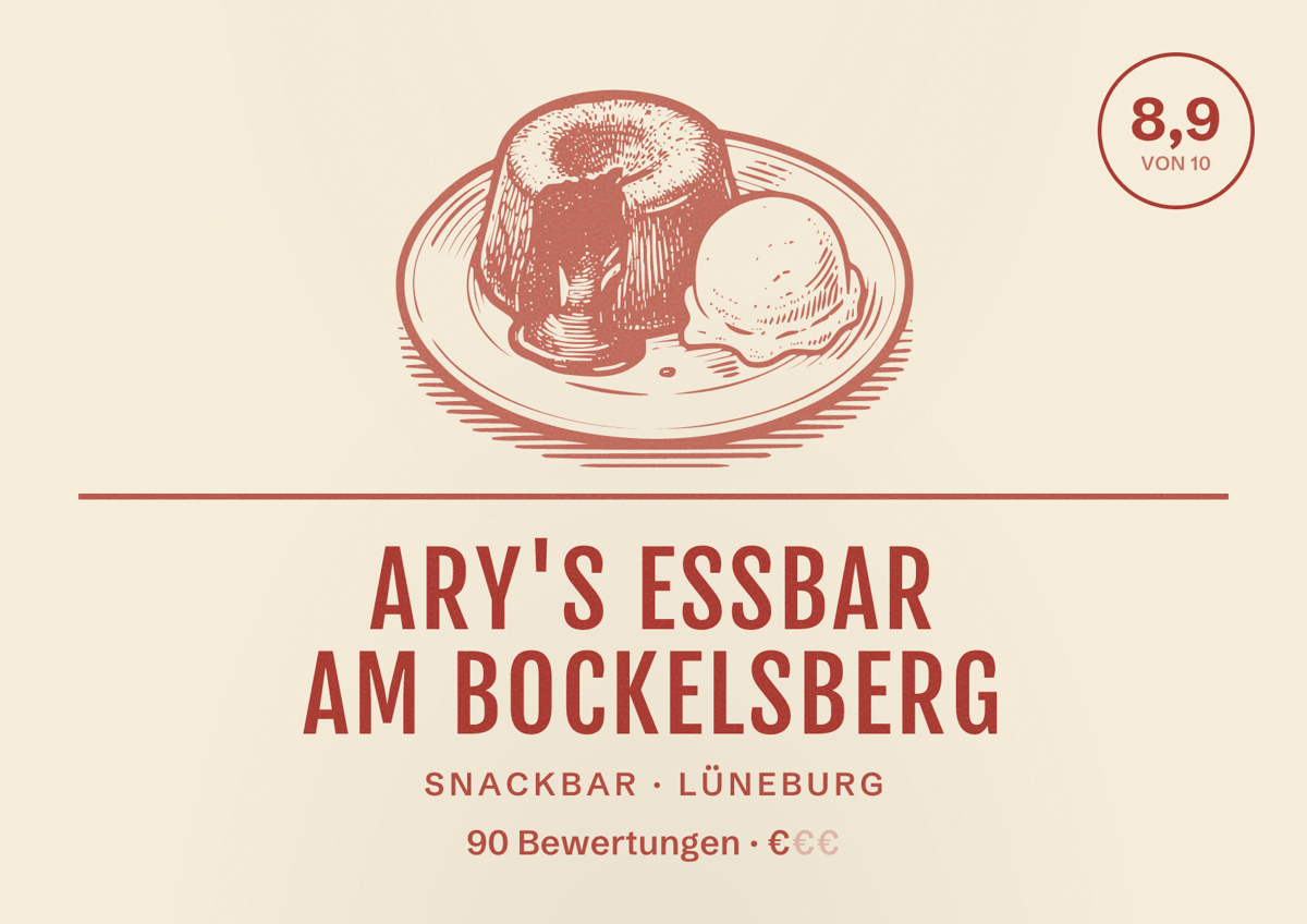 Illustriertes Poster von Ary's Essbar am Bockelsberg, Snackbar in Lüneburg: Bewertung 8,9 von 10 aus 90 Bewertungen, Preisniveau €