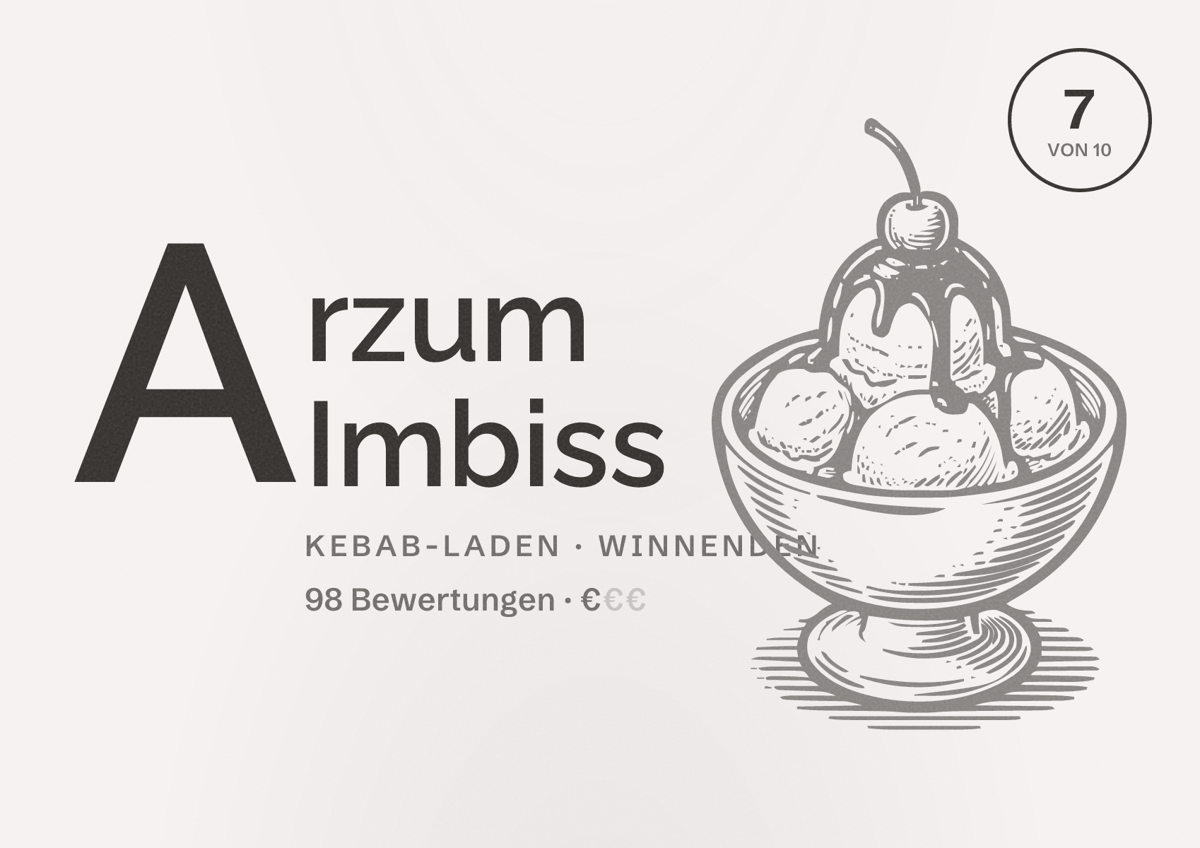 Illustriertes Poster von Arzum Imbiss, Kebab-Laden in Winnenden: Bewertung 7 von 10 aus 98 Bewertungen, Preisniveau €