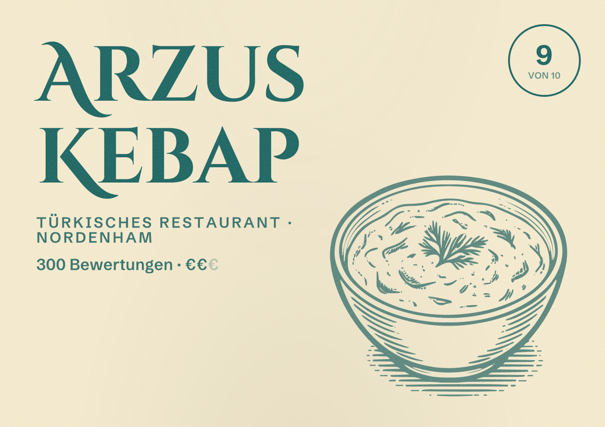 Illustriertes Poster von Arzus Kebap, Türkisches Restaurant in Nordenham: Bewertung 9 von 10 aus 300 Bewertungen, Preisniveau €€
