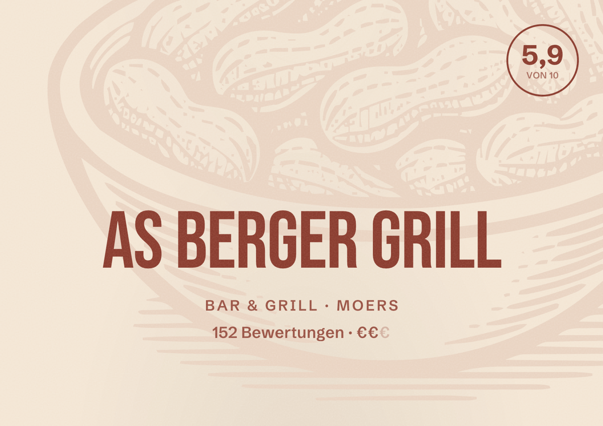 Illustriertes Poster von As Berger Grill, Bar & Grill in Moers: Bewertung 5,9 von 10 aus 152 Bewertungen, Preisniveau €€