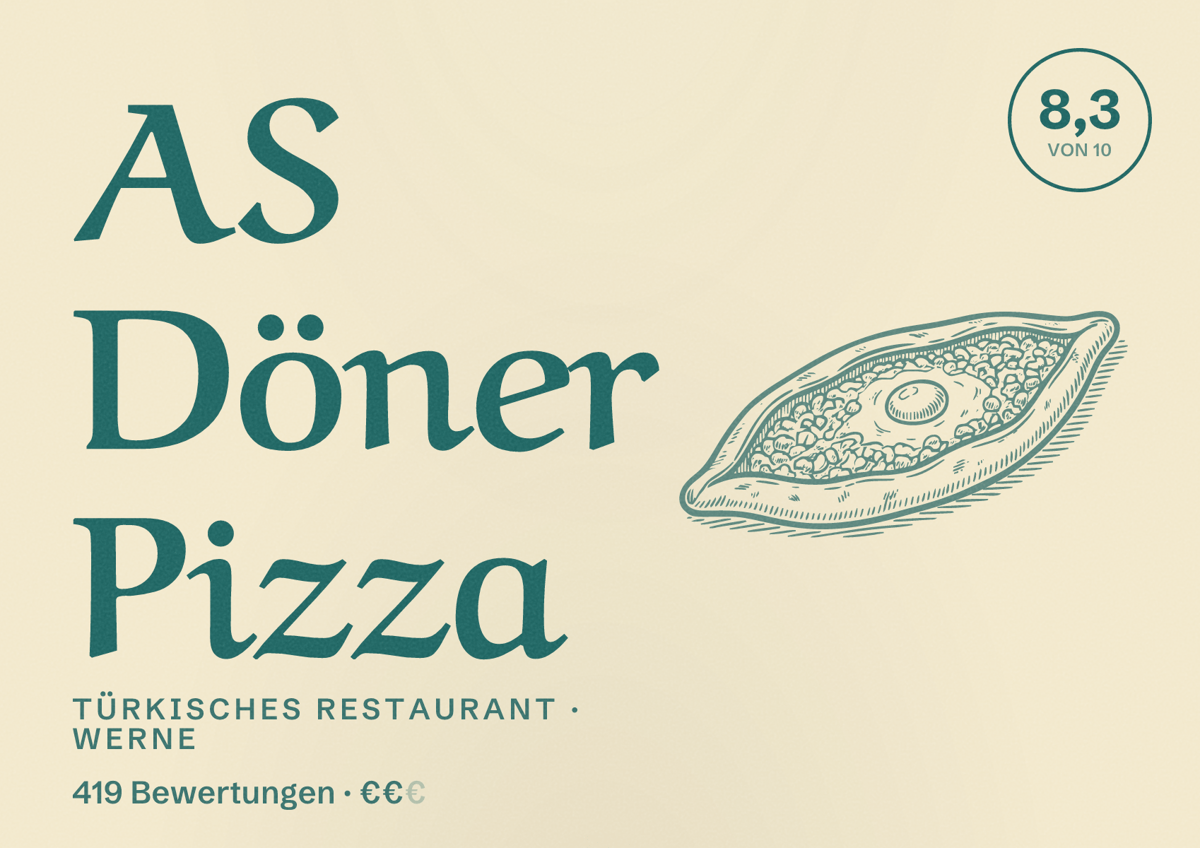 Illustriertes Poster von AS Döner Pizza, Türkisches Restaurant in Werne: Bewertung 8,3 von 10 aus 419 Bewertungen, Preisniveau €€