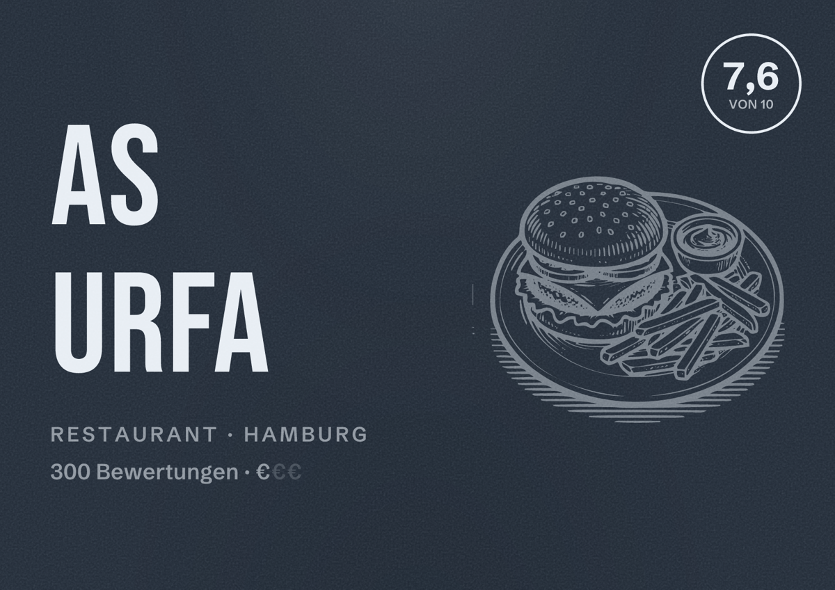 Illustriertes Poster von As urfa, Restaurant in Hamburg: Bewertung 7,6 von 10 aus 300 Bewertungen, Preisniveau €