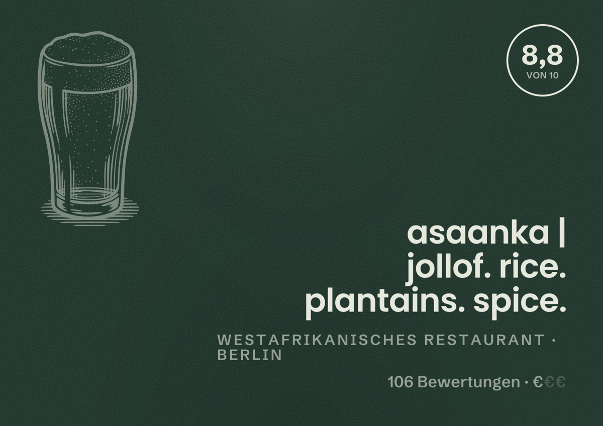 Illustriertes Poster von asaanka | jollof. rice. plantains. spice., Westafrikanisches Restaurant in Berlin: Bewertung 8,8 von 10 aus 106 Bewertungen, Preisniveau €