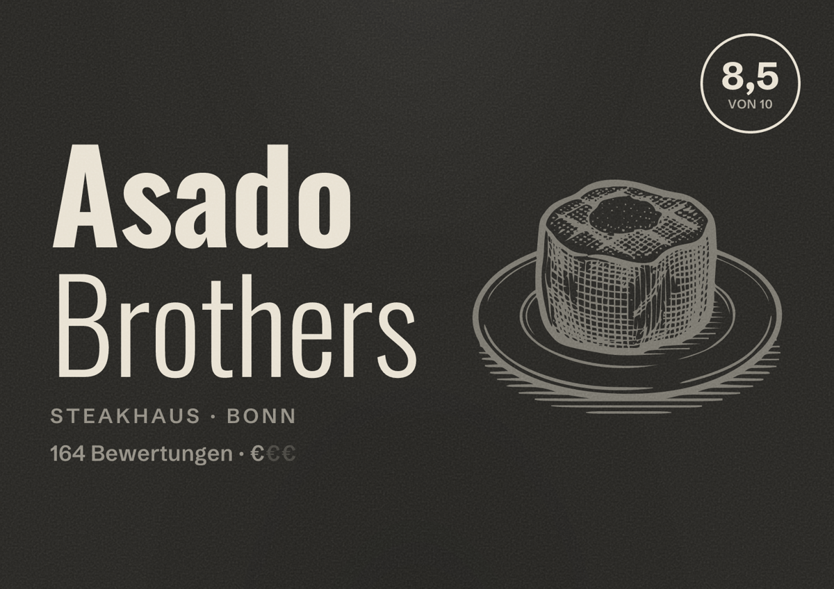 Illustriertes Poster von Asado Brothers, Steakhaus in Bonn: Bewertung 8,5 von 10 aus 164 Bewertungen, Preisniveau €