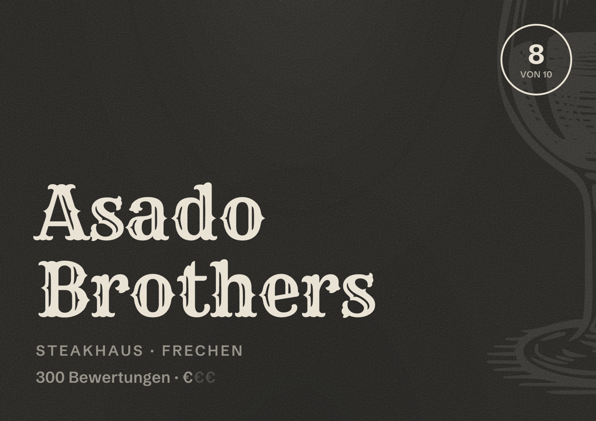 Illustriertes Poster von Asado Brothers, Steakhaus in Frechen: Bewertung 8 von 10 aus 300 Bewertungen, Preisniveau €