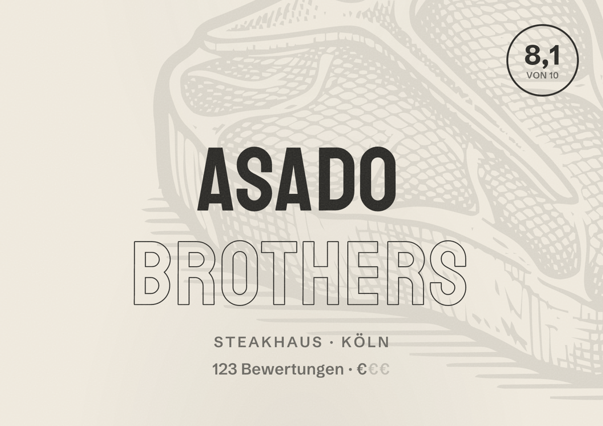 Illustriertes Poster von Asado Brothers, Steakhaus in Köln: Bewertung 8,1 von 10 aus 123 Bewertungen, Preisniveau €