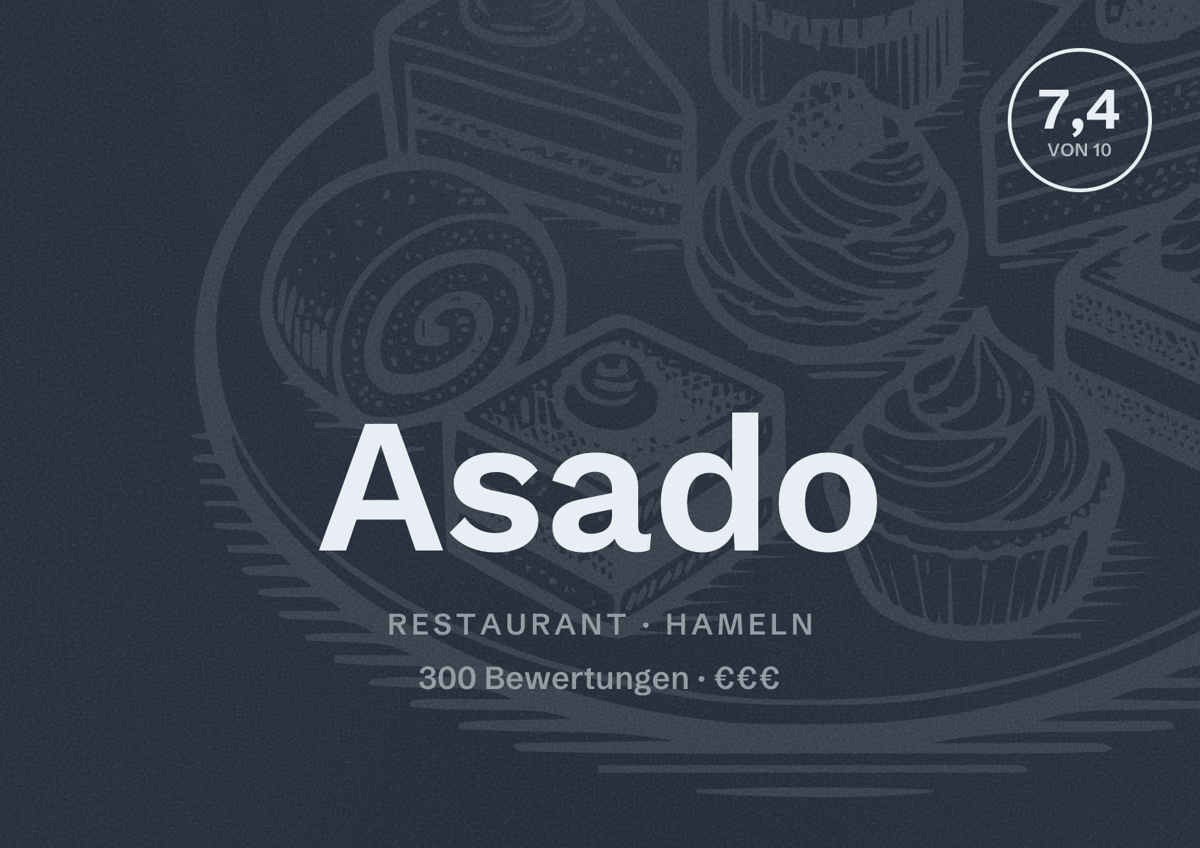 Illustriertes Poster von Asado, Restaurant in Hameln: Bewertung 7,4 von 10 aus 300 Bewertungen, Preisniveau €€€