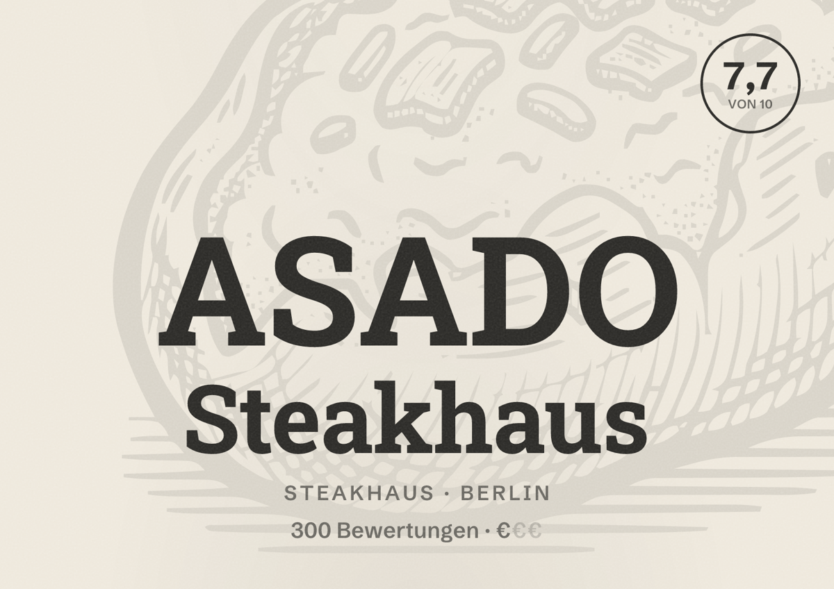Illustriertes Poster von ASADO Steakhaus, Steakhaus in Berlin: Bewertung 7,7 von 10 aus 300 Bewertungen, Preisniveau €